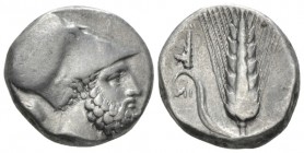 Lucania, Metapontum Nomos circa 340-330, AR 19.5mm., 7.88g. Helmeted head of Leukippos r.; in l. field, lion head r. Rev. Barley ear of seven grains, ...