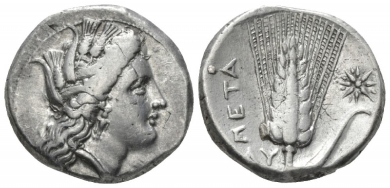 Lucania, Metapontum Nomos circa 330-290, AR 21mm., 7.77g. Head of Demeter right,...