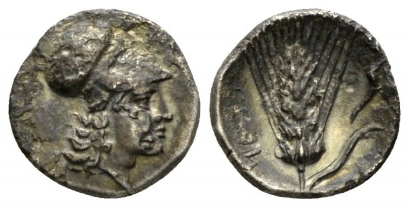 Lucania, Metapontum Diobol circa 325-275, AR 11.5mm., 0.99g. Head of Athena r., ...