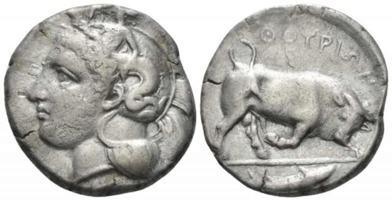 Lucania, Thurium Dinomos circa 380-360, AR 27mm., 15.38g. Head of Athena l., wea...