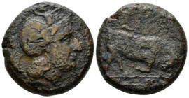 Lucania, Thurium Bronze circa 350-300, Æ 28mm., 27.05g. Head of Athena r., wearing crested Attic helmet, decorated with Skylla. Rev. ΘOYPIΩN Bull butt...