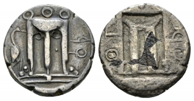 Bruttium, Kroton Drachm plated circa 480-430, AR 15mm., 2.14g. Tripod; in l. fie...