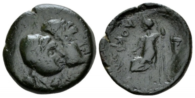 Bruttium, Locri Bronze circa 350-275, Æ 19mm., 4.16g. Jugate heads of the Dioscu...