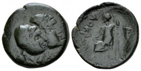 Bruttium, Locri Bronze circa 350-275, Æ 19mm., 4.16g. Jugate heads of the Dioscuri r. Rev. ΛΟΚΡΩΝ Zeus seated l., holding patera and cornucopiae. SNG ...