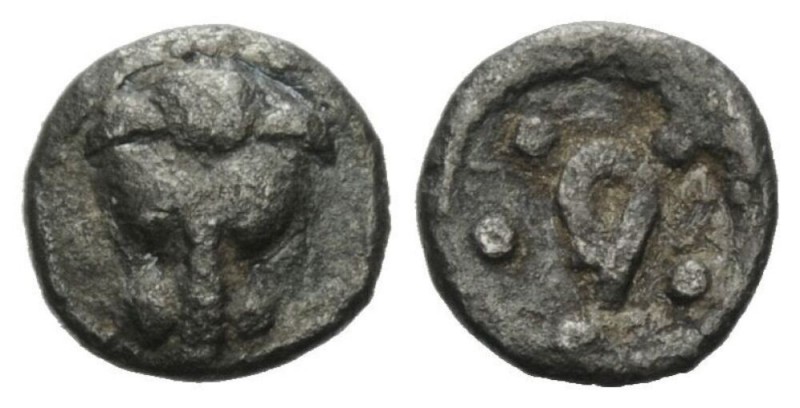 Bruttium, Rhegium Pentonkion circa 450-445, AR 8mm., 0.30g. Lion mask facing. Re...