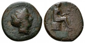 Bruttium, Terina Bronze circa 350-275, Æ 15mm., 2.60g. Female head r. Rev. Winged Nike seated r. on cippus. Historia Numorum 2650. SNG ANS 884.

Ver...
