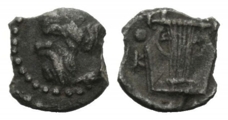 Sicily, Catana Tetras circa, AR 7mm., 0.10g. Bearded head of Satyr l. Rev. Lyre;...