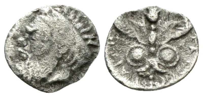 Sicily, Catana Litra circa 415-405, AR 10.5mm., 0.54g. Head of Silenus l., weari...