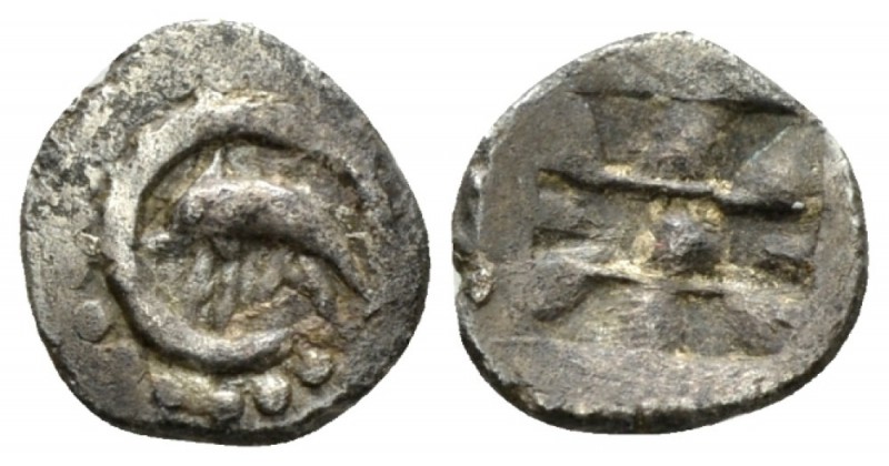 Sicily, Messana as Zankle/ Litra circa 500-493, AR 10mm., 0.50g. Dolphin swimmin...