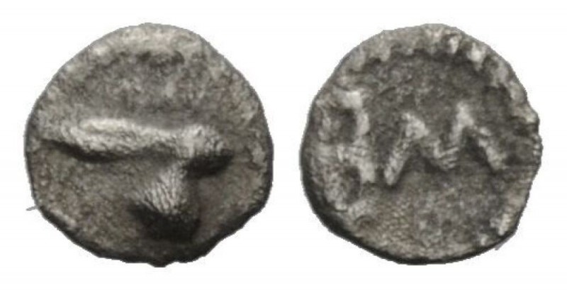 Sicily, Messana Hexas circa 480-460, AR 5mm., 0.07g. Head of hare r. Rev. ME (re...
