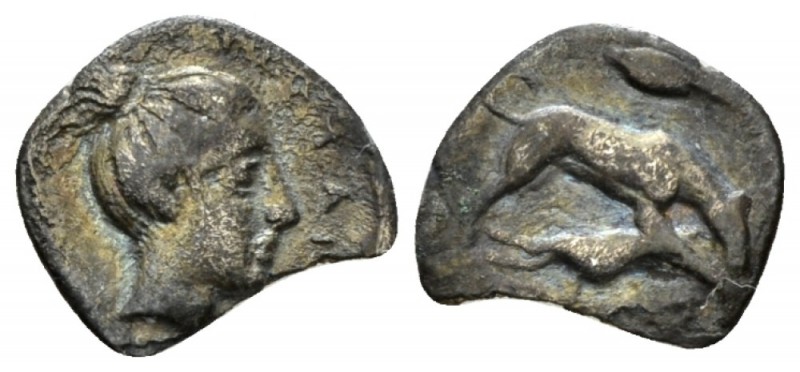 Sicily, Segesta Litra circa 415-409, AR 12mm., 0.54g. Head of nymph r. Rev. Houn...