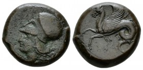 Sicily, Syracuse Hemilitron circa 400, Æ 18mm., 6.49g. Head of Athena l., wearing Corinthian helmet. Rev. Hippocamp l. SNG Copenhagen 721. Calciati 34...