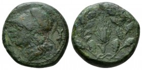 Sicily, Pyrrhos, 278-276 Syracuse Bronze circa 278-276, Æ 17.5mm., 5.47g. Head of Athena l., wearing crested Corinthian helmet. Rev. Grain ear within ...