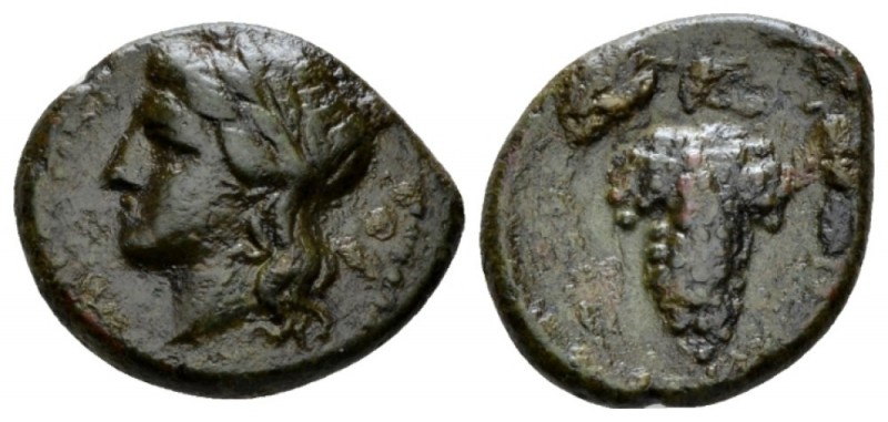 Sicily, Tauromenium Hexas circa 345-338, Æ 16mm., 2.50g. Laureate head of Apollo...