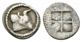 Macedonia, Acanthus Obol circa 470, AR 9mm., 0.43g. Bull's head r. Rev. Quadripartite area incuse. SNG ANS 51. Toned and very fine.
 
 Toned. Very F...