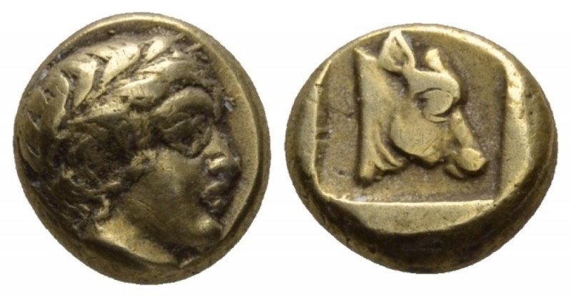 Lesbos, Mytilene Hekte circa 454-427, EL 10mm., 2.55g. Laureate head of Apollo r...