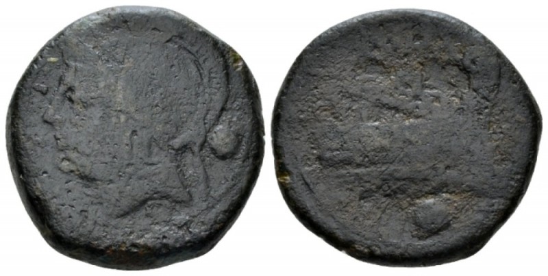 Uncia circa 217-215,, Æ 24mm., 13.56g. Helmeted head of Roma l.; behind, pellet....