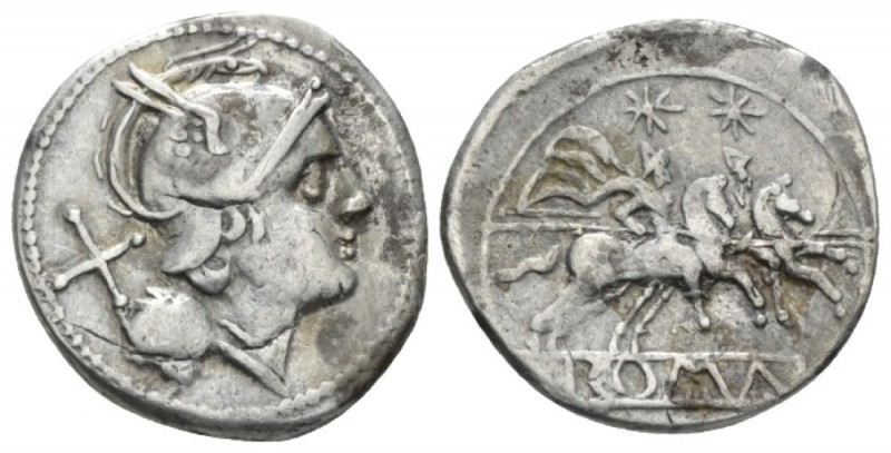 Denarius circa 214-213, AR 18mm., 3.15g. Helmeted head of Roma r.; behind, X. Re...