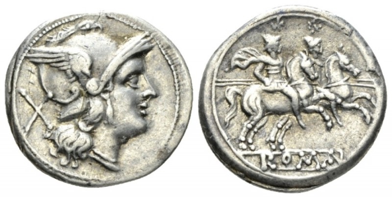 Anchor (first) series Denarius circa 209-208, AR 19.5mm., 4.36g. Helmeted head o...