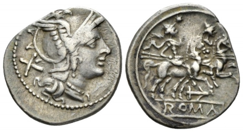 Denarius circa 209-208, AR 19mm., 3.78g. Helmeted head of Roma r.; behind, X. Re...