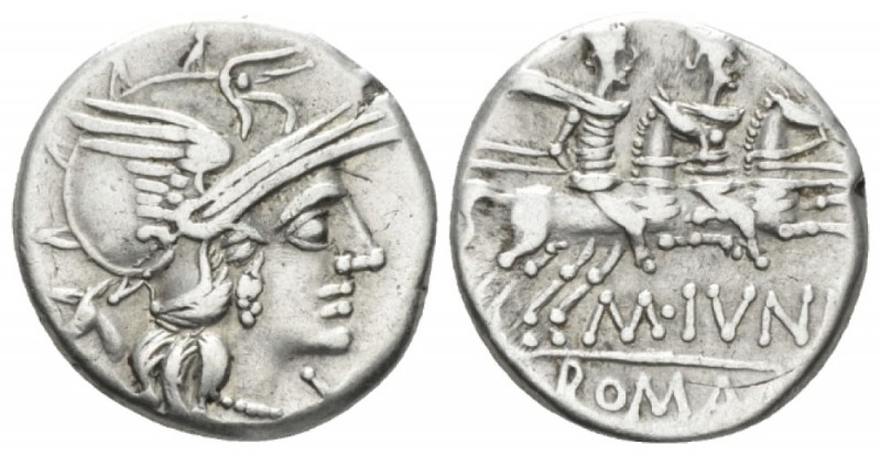 M. Iunius. Denarius circa 145, AR 17.5mm., 4.01g. Helmeted head of Roma r.; befo...