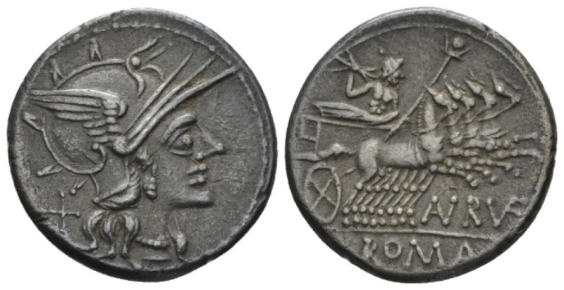 Annius Rufus. Denarius circa 144, AR 20mm., 3.64g. Helmeted head of Roma r.; beh...