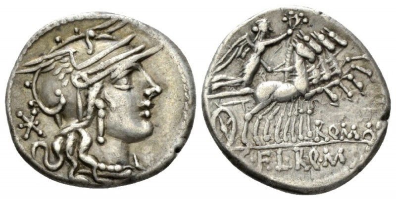 Q. Marcius, C. Fabius and L. Roscius Denarius 118 or 117, AR 19mm., 3.91g. Helme...