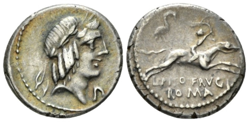 L. Piso Frugi Denarius circa 90, AR 18.5mm., 3.94g. Laureate head of Apollo r.; ...