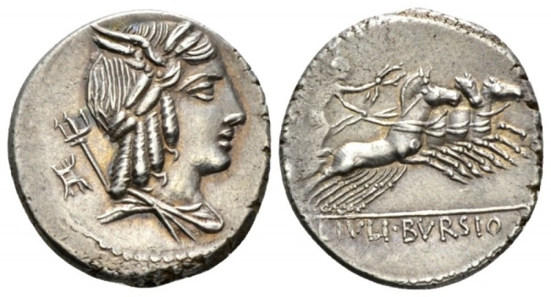 L. Iulius Bursio. Denarius circa 85, AR 18mm., 3.66g. Male head r., with the att...