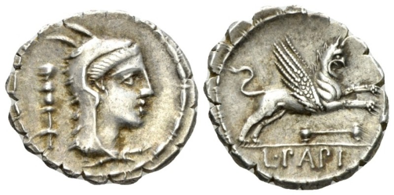 L. Papius. Denarius serratus circa 79, AR 19mm., 3.97g. Head of Juno Sospita r.;...