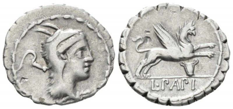 L. Papius. Denarius serratus circa 79, AR 20mm., 3.84g. Head of Juno Sospita r.;...