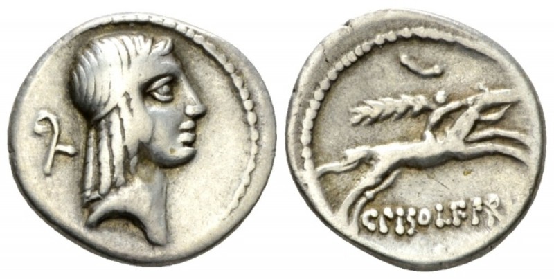 C. Calpurnius L.f. Frugi. Denarius circa 67, AR 18mm., 3.71g. Head of Apollo r.,...