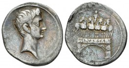 Octavian, 32 – 27 BC Denarius circa 29-27 BC, AR 19.5mm., 3.56g. Bare head r. Rev. Facing quadriga on arch with architrave inscribed IMP CAESAR. C 123...