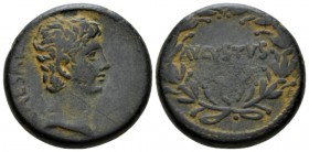 Octavian as Augustus, 27 BC – 14 AD Bronze circa 25 BC, Æ 24.5mm., 12.82g. CAESAR Bare head r. Rev. AVGVSTVS within laurel wreath. RIC 486. RPC 2235....