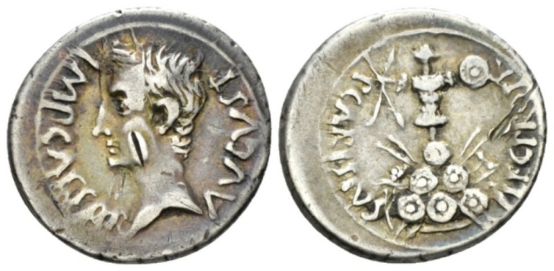 Octavian as Augustus, 27 BC – 14 AD Denarius Emerita circa 25-23, AR 19.5mm., 3....