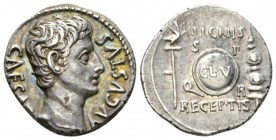 Octavian as Augustus, 27 BC – 14 AD Denarius Colonia Patricia (?) circa 19 BC, AR 18.5mm., 3.96g. CAESAR – AVGVSTVS Bare head r. Rev. SIGNIS – RECEPTI...