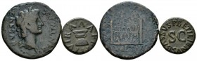 Octavian as Augustus, 27 BC – 14 AD Lot of two coins. Lugdunum circa 15-10 BC, Æ 25mm., 6.57g. CAESAR – PONT MAX Laureate head r. Rev. Front elevation...