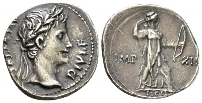 Octavian as Augustus, 27 BC – 14 AD Denarius Lugdunum circa 11-10 BC, AR 18.5mm....