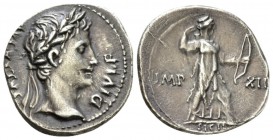Octavian as Augustus, 27 BC – 14 AD Denarius Lugdunum circa 11-10 BC, AR 18.5mm., 3.80g. Laureate head r. Rev. Diana wearing polos standing r. holding...
