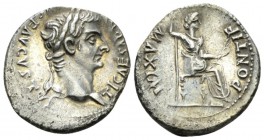 Tiberius, 14-37 Denarius Lugdunum circa 36-37, AR 19mm., 3.58g. TI CAESΛR DIVI AVG F AVGVSTVS Laureate head r. Rev. PONTIF MΛXIM, Livia (as Pax) seate...