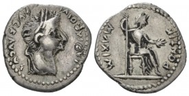 Tiberius, 14-37 Denarius. Contemporary Indian Imitation circa 14-37, AR 19.5mm., 3.59g. Laureate head r. Rev. Livia (as Pax) seated r., holding scepte...
