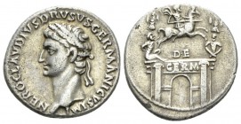 In the name of Nero Claudius Drusus, father of Germanicus and Claudius Denarius circa 41-45, AR 19mm., 3.69g. NERO CLAVDIVS DRVSVS GERMANICVS IMP Laur...