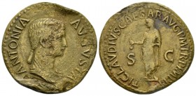 In the name of Antonia, wife of Nero Claudius Drusus Dupondius circa 50-54, Æ 30mm., 15.40g. ANTONIA – AVGVSTA Draped bust r., hair in long plait behi...