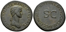 Agrippina Senior, mother of Gaius Sestertius circa 50-54, Æ 36.5mm., 28.31g. Draped bust r., hair falling in long plait at the back. Rev. Legend S C. ...
