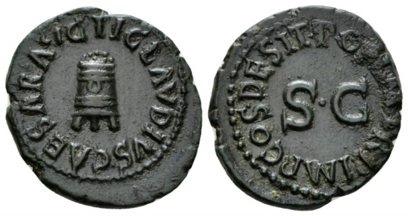 Claudius, 41-54 Quadrans circa 41, Æ 19mm., 3.12g. TI CLAVDIVS CAESAR AVG Three-...