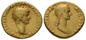 Claudius, 41-54 Aureus circa 50-54, AV 18.5mm., 6.62g. TI CLAVD CAESAR AVG GERM P M TRIB POT P P Laureate head of Claudius r. Rev. AGRIPPINAE – AVGVST...