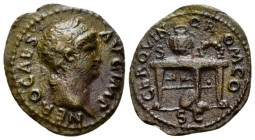 Nero, 54-68 Semis circa 64, Æ 18mm., 3.09g. NERO CAES - AVG IMP Laureate head r. Rev. CER QVINQ - R - OM CO Table bearing urn and wreath; above table ...