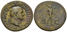 Vespasian, 69-79 Sestertius circa 71, Æ 33.5mm., 25.04g. IMP CAES VESPAS AVG P M TR P P P COS III Laureate head r. Rev. S – C Mars, naked but for cloa...