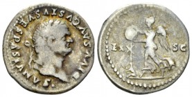 Divus Vespasian Denarius circa 80-81, AR 20mm., 3.15g. Laureate head r. Rev. Victory advancing l., placing shield on trophy; in front, Judaea seated l...