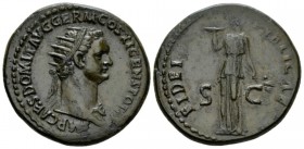 Domitian, 81-96 Dupondius circa 85, Æ 28.5mm., 12.16g. Radiate head r., with aegis. Rev. Fides standing l., holding plate of fruits and corn-ears. C 1...